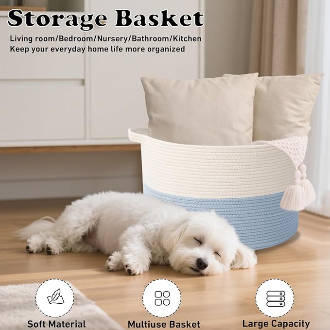 Large Storage Basket with Handle,19.7" L x 19.7" W x 13" H Blanket Basket Storage Bins for Organizing,65L Cotton Rope Woven Baskets for Living Room, Nursery ,Bedroom,White&Blue
