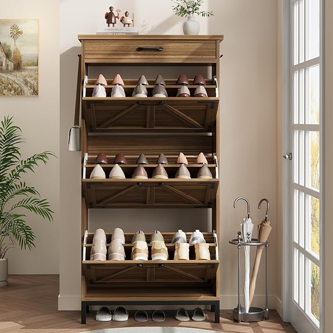 Shoe Cabinet Storage for Entryway with 3 Flip Drawers and 1 Top Drawer, Freestanding Hidden Narrow Shoe Cabinet with Metal Legs for Foyer, Hallway (Brown)