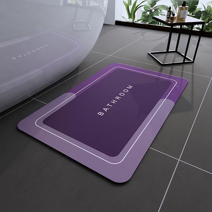 Bath Mat, Super Absorbent Non Slip Quick Dry Thin Rubber Mats for Bathroom Floor, Fit Under Door, Shower Rug for Bathtub, Shower, Purple