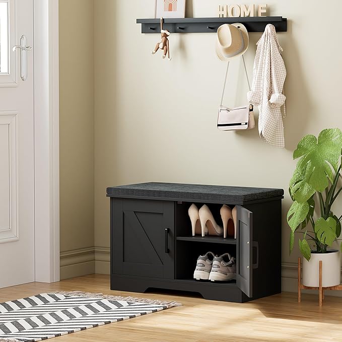2-Tier Storage Bench, 27.6" Wide Shoe Bench with Padded Seat Cushion, Entryway Bench with 2 Barn Doors and Adjustable Shelf, Black