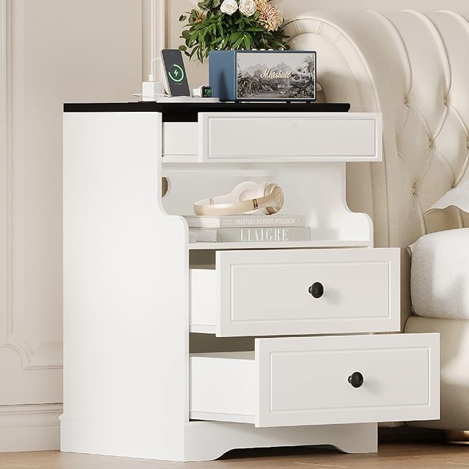 2Pcs Night Stand with Charging Station,Bedside Table with 2 Drawers,Farmhouse End Table and Nightstand,Small Side Table for Bedroom,Living Room