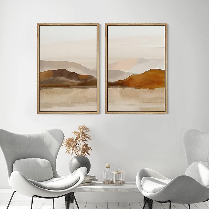 MUDECOR Framed Canvas Print Wall Art Pastel Brown Mountain Range Ocean Lake Wilderness Nature Illustrations Modern Art Decorative Calm/Relax Multicolor Rustic Minimal for Bedroom - 24"x36"x2 Natural