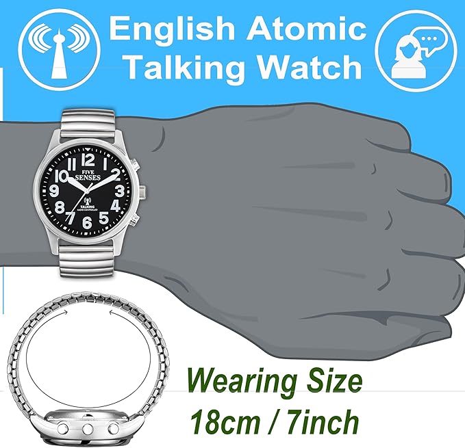 FIVE SENSES English Atomic Jumbo Size (43mm /1.75in) Metal Talking Watch with Loud Alarm Clock for Visually impaired, Elderly Person 1523 (White)