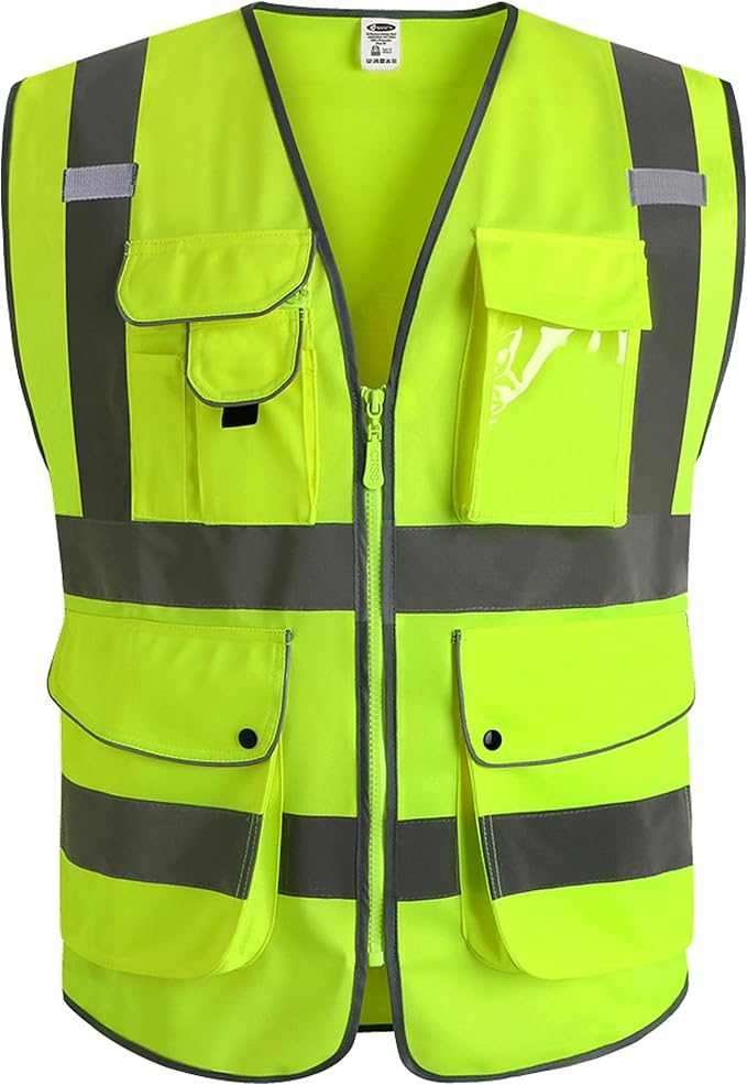 JKSafety 9 Pockets Class 2 High Visibility Zipper Front Safety Vest With Reflective Strips, Yellow Meets ANSI/ISEA Standards (4X-Large 150-Yellow)