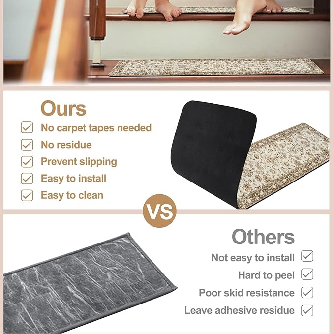 OJIA Vintage Stair Treads Non-Slip Stair Runners for Wooden Steps Indoor 15PCS 30"x8" Carpet Stair Treads Mats Staircase Step Treads for Kids, Elders and Dogs, Stair Covers, Beige