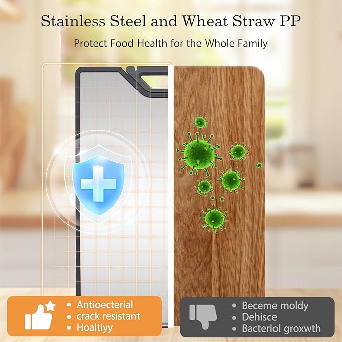 Stainless Steel Cutting Board, Double-Sided Cutting Board with Knife Sharpener, Stainless & Wheat Straw PP, Food-Grade Metal Chopping Board for kitchen, Large Size 16"x11"
