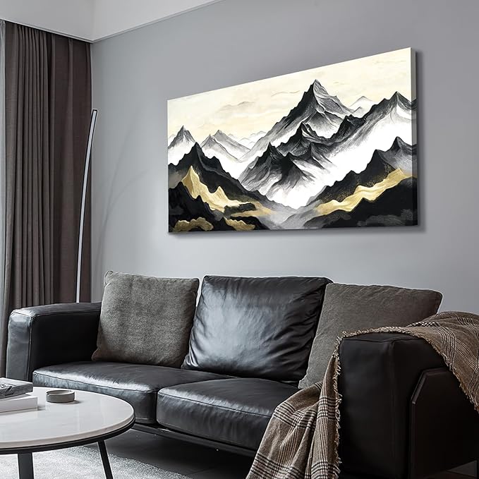 amatop Abstract Mountain Wall Art, Large Modern Canvas Print - Black White and Gold Landscape Nature Picture, Horizontal Inspirational Artwork for Living Room, Office, Bedroom and Bathroom Wall Decor (48x24 Inch)