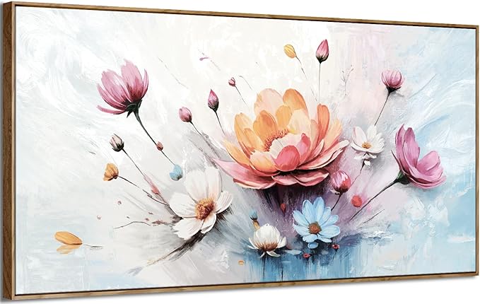 amatop Framed Floral Canvas Wall Art, Oversized Modern Abstract Daisy & Peony Botanical Print – Pink Blue Bloom Flower Pictures for Living Room, Bedroom, Dining Room & Entryway Wall Decor (58x29 Inch)