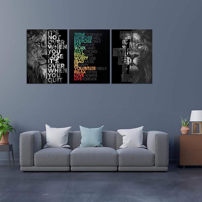 Motivational Office Wall Art Inspirational Canvas Wall Art Hustle Posters Wall Decor Print Entrepreneur Quote Wall Painting Picture 3 Pieces Artwork for Bedroom Home Decor Wooden Framed (36”Wx16”H)