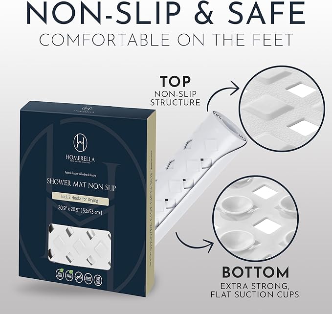 homerella® Shower Mat Non Slip Anti Mold, Non Slip Shower Mats for Inside Shower Stall Anti Slip Mat, Square Shower Floor Mat 21 x 21 in with Suction Cups & Hooks for Quick Drying, Machine Washable
