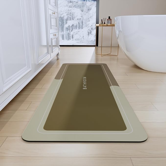 Bath Mat, Bathroom Mat Rugs Super Absorbent Shower Mats Non Slip Quick Dry Thin Rubber Mats for Bathroom Floor Fit Under Door, Shower Rug for Bathtub, Shower, Brown