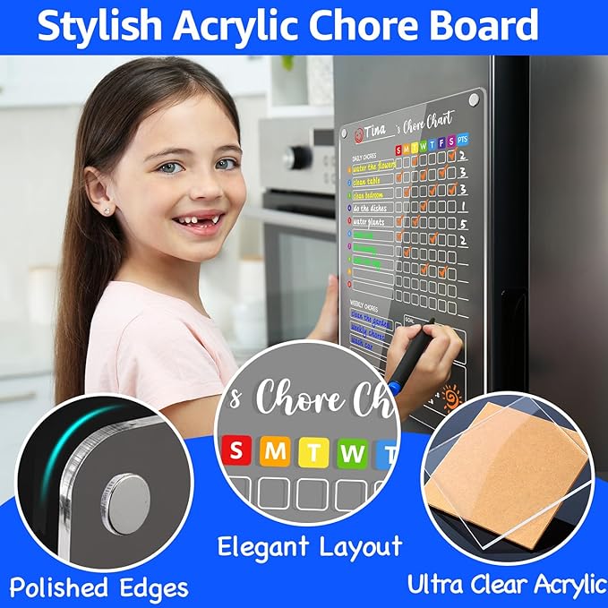 PigPotParty Acrylic Magnetic Chore Chart for Kids, 12"x16" Reward Responsibility Chart, Chores Checklist, 1 Weekly Dry Erase Fridge Board for Teens Adult Family Multiple Kids, w/ 12 Markers & Towel