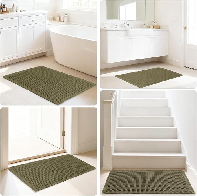 Hiasan Waffle Bath Mat, Super Absorbent Non Slip Bathroom Boho Rug with Tassels, Machine Washable Bath Mats for Bathroom, Ultra Soft Rubber Backed Rug, Grayish Green, 16 x 24 Inches