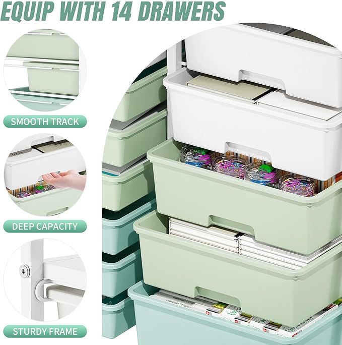 Rolling Storage Cart with 14 Drawers, Storage Organizer Cart with Tabletop and Pegboard,Utility Cart for Living Room, Classroom, Bedroom,Bathroom,Dorm,Office (Green)