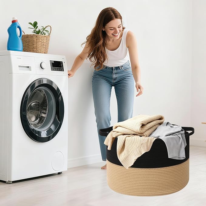 Large Storage Basket with Handle,23.6" x 23.6" x 15.7" Blanket Basket Storage Bins for Organizing,65L Cotton Rope Woven Baskets for Living Room, Nursery ,Bedroom,Black&Camel