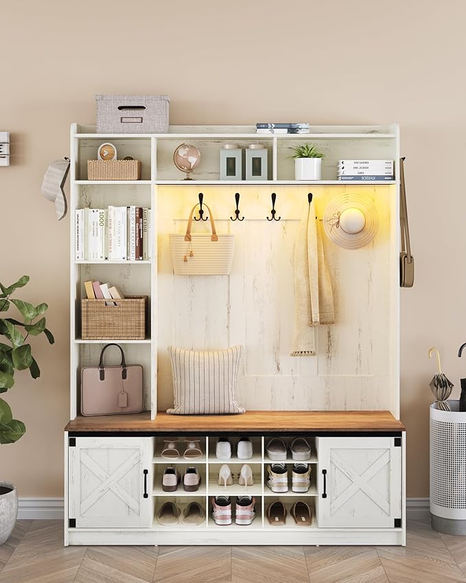 59.8" Hall Tree, LED Farmhouse Entryway Storage and Coat Rack Wood, Entryway Furniture with 7 Hooks, Hall Tree with Bench and Storage, 6 Storages Partitions Shoe Bench, Rustic White HT24814B
