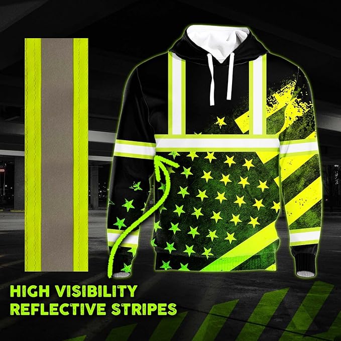 US Flag High Visibility Hoodie for Men Reflective Hoodie Safety Workwear for Worker Runner Patriotic ACC02