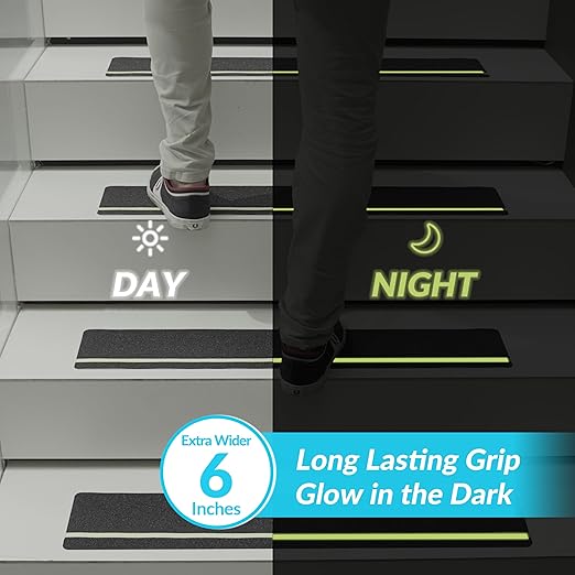 LifeGrip Anti Slip Traction Treads with Glow in Dark Stripe (15-Pack), 6" X 32", Best Grip Tape Grit Non Slip, Outdoor Non Skid Tape, High Traction Friction Abrasive Adhesive for Stairs Step