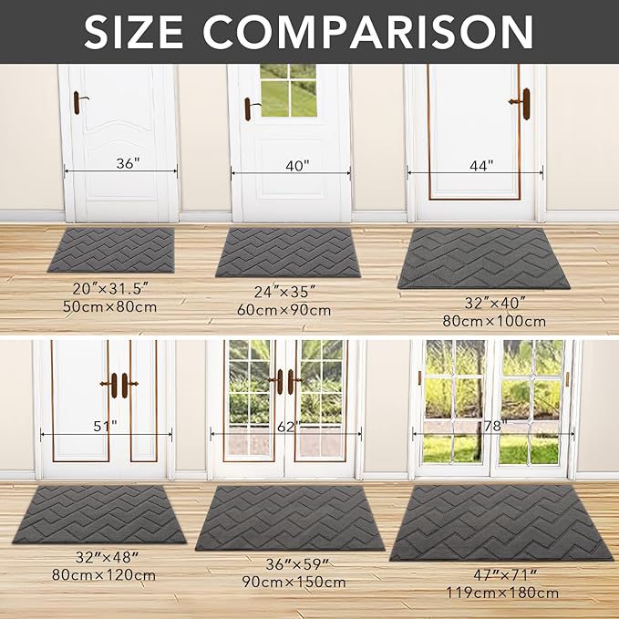hicorfe Indoor Doormat,Front Back Door Mat Rubber Backing Non Slip Door Mats 24"x35" Absorbent Resist Dirt Entrance Doormat Inside Floor Mats for Entryway Washable Low-Profile (Grey)