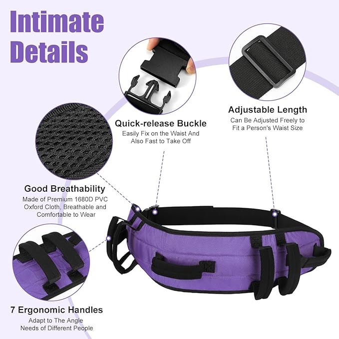 Rhino Valley Gait Belt for Senior with 7 Handles, 59" Anti-Slip Gate Belts medical for elderly, Transfer Belt with Quick Release Buckle, Elderly, Physical, Handicap, Bariatric Therapy, Purple + Black