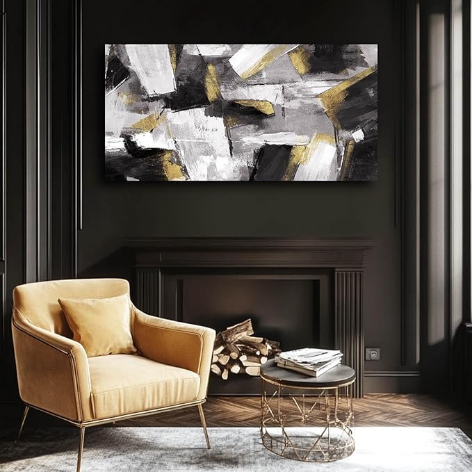 SOUGUAN Black and Gold Block Canvas Art Modern Wall Decor for Living Room Abstract Wall Art White Painting 24x48 Inch Office Hanging Artwork