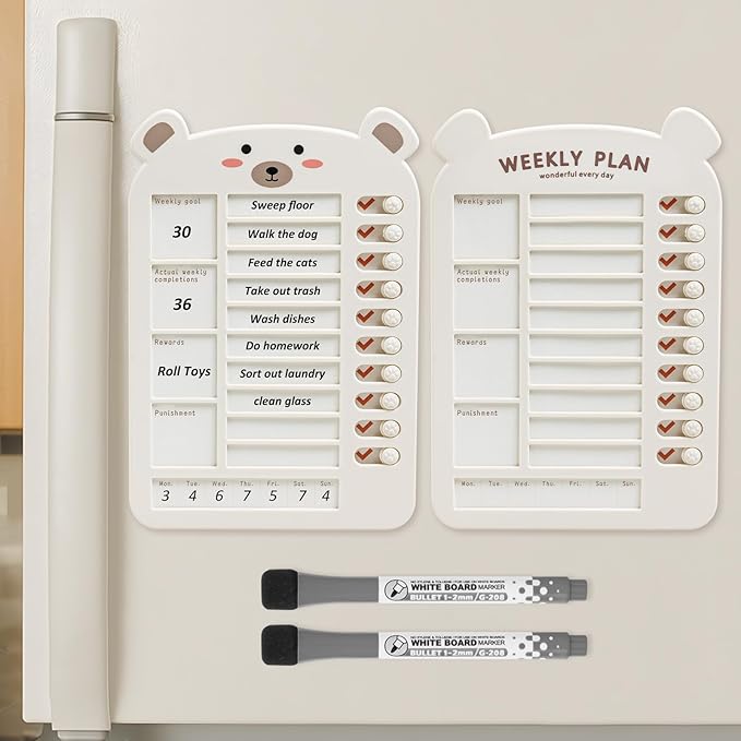 Weekly Chore Chart for Kids Dry Erase Chore Board,Behavior Chore Chart for Multiple Kids, Cute Visual for Kids Schedule Board for Home, Kids Checklist to Do List ADHD Tools (Bear,Plan, 2)