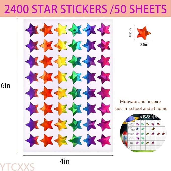 2400 Pcs Star Stickers for Kids Reward Holographic Star Stickers Reward for Behavior Chart School Classroom Teacher Supplies 0.6inch School Supplies for Classroom