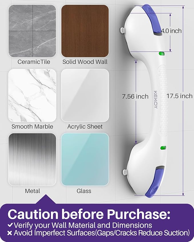 KEKOY 17.5 Inch Suction Grab Bars for Bathtubs & Showers with Indicator 2 Pack- Heavy Duty Safety Shower Handle for Seniors and Elderly, Handicap Bars for Bathroom, No Drilling, Purple