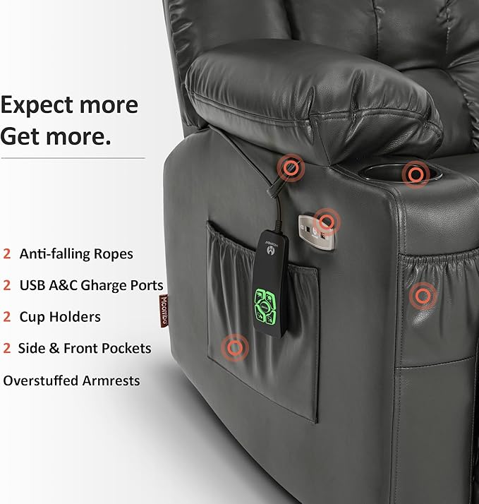 MCombo Dual Motor Small Power Lift Recliner Chair for Elderly, Lay Flat Lift Chair with Heat and Massage, Petite Lift Chair, Cup Holders, Faux Leather 7893 (Grey, Small)