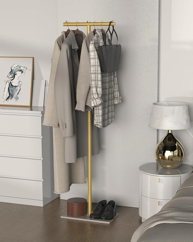 T-shaped Coat Rack Freestanding, Modern Clothes Rack with Rock Slab Base, Heavy-duty Metal Coat Tree for Boutiques, Hallway, Entryway, 68.9 Inches High, Golden Yellow, GYJ001WJ