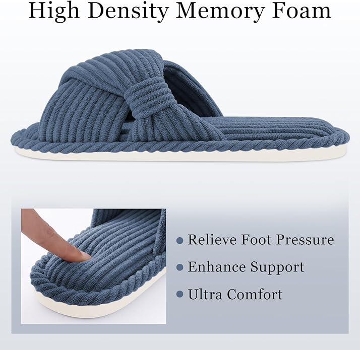 Evshine Fall House Slippers for Women Corduroy Cross Bow Indoor Slippers Open Toe Slip On Bedroom Shoes with Memory Foam
