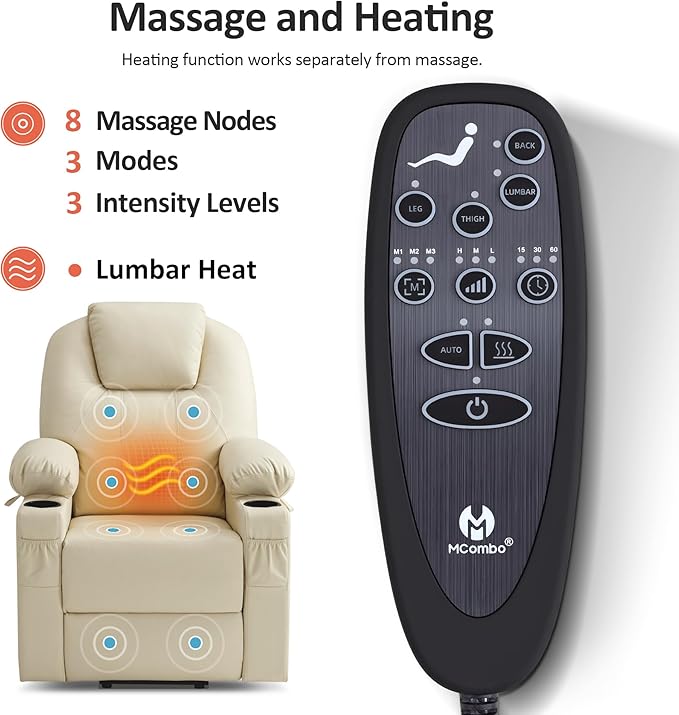 MCombo Power Lift Recliner Chair for Elderly, Lift Chair with Heat and Massage, FSC Certified, USB Ports, Cup Holders, Faux Leather 7141 (Cream White, Small)