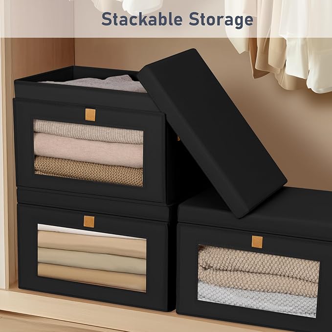DIMJ Storage Bins with Lids - 4 Pack Large Fabric Closet Organizer with Window & Handles, Collapsible Decorative Storage Boxes for Shelves Under Bed, Books Clothes Blankets Sweaters Organization