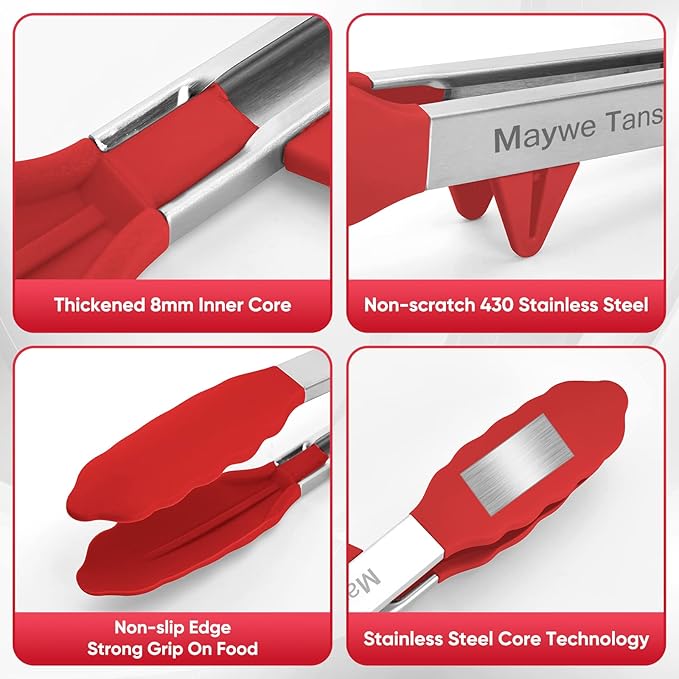 5-Pack Silicone Tongs for Cooking,Maywe Tanso 4PCS 13-Inch Kitchen Tongs with Silicone Tips,Nonstick Stainless Steel Tong for Steak Pie Pizza Pasta Spaghetti Salad BBQ Buffet,Plus Brush
