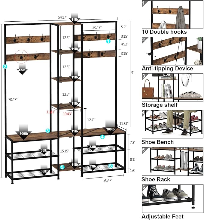 GiftGo Corner Hall Tree with Shoe Rack Storage Bench Display Open Shelves Modern Industrial Entryway Coat Rack Stand for Home Living Room Mudroom Bedroom Multifunctional 5 in 1 (Rustic Brown)
