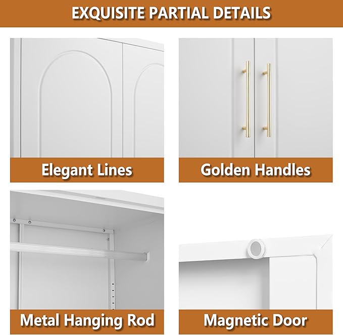 Armoire Wardrobe Closet with Hanging Rod, 86 Inch Tall Metal Wardrobe Cabinet, Metal Armoire with Doors, Large Freestanding Wardrobes for Bedroom, 18"D x 32"W x 86"H, White, Assemble Required