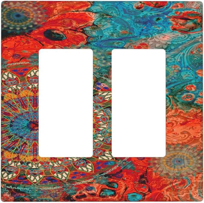 Abstract Ombre Colorful Indian Mandala Double Rocker Light Switch Cover 2 Gang Dual Outlet Covers Wall Plate Decorative GFCI Switchplate Electrical Faceplate for Livingroom Bedroom Bathroom Decor