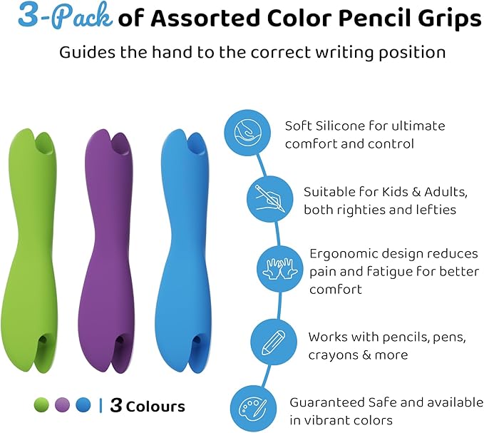 3 Pack Silicone Pencil Grips for Kids & Adults, Ergonomic Dual-Head Design for Handwriting, Drawing & Coloring, Improves Grip Control,Green/Blue/Purple