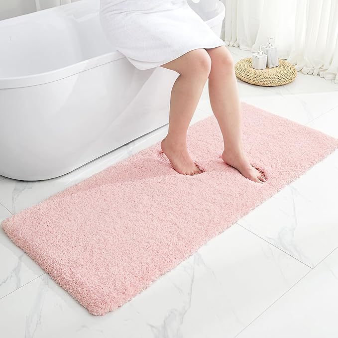 Bathroom Rugs 24x48 Non Slip Pink Fluffy Bath Mat for Bathroom Floor Washable Plush Luxury Bath Rug for Tub Soft Shaggy Absorbent Shower Sink Mat