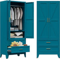 COFaR 71 Farmhouse Metal Wardrobe Closet with Hanging Rod, 2 Barn Doors, Adjustable Shelves, Steel Armoire with Drawer for Home, Bedroom Green