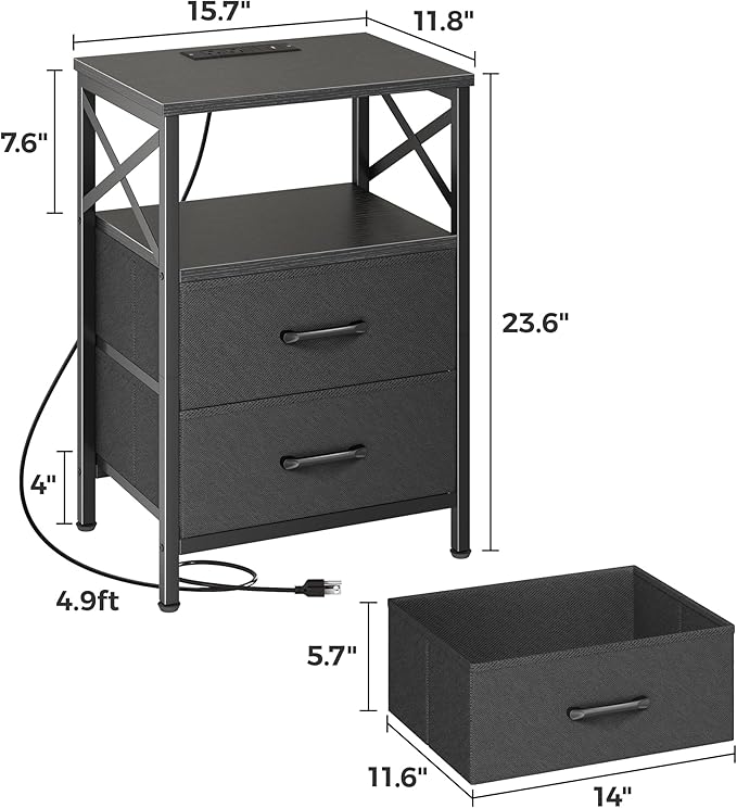 Huuger Night Stand with Charger Station, 2 Drawer Nightstand with Open Shelf, Bed Side Table with USB-C Port, End Table, Compact Size for Small Spaces, X Shaped Side Rail, Black