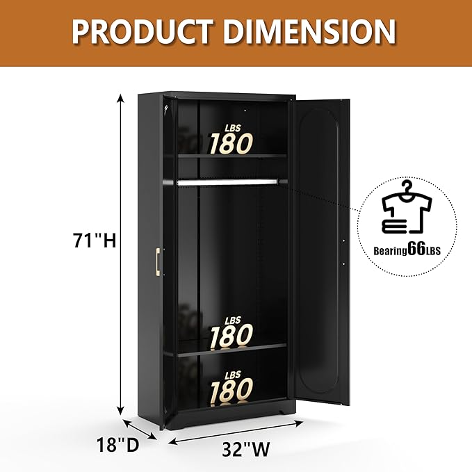Metal Armoire Wardrobe Closet with Hanging Rod, 71" Tall Wardrobe Cabinet for Clothes, Black Clothing Storage Cabinet with Doors and Shelves, Large Wardrobes for Bedroom, Office, Employee