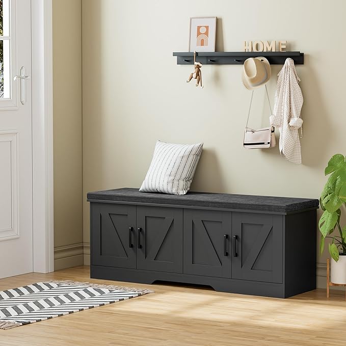 2-Tier Storage Bench, 47.2" Wide Shoe Bench with Padded Seat Cushion, Entryway Bench with 4 Barn Doors and Adjustable Shelf, Black