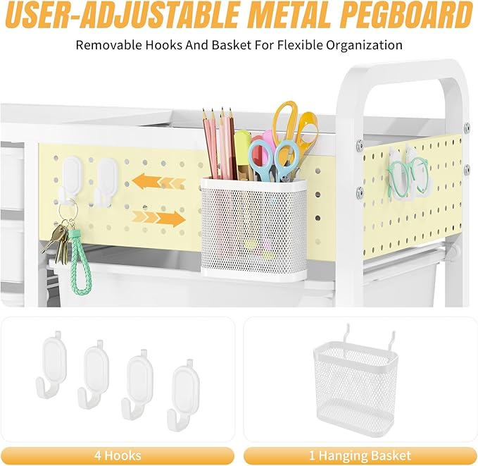 Rolling Storage Cart with 14 Drawers, Storage Organizer Cart with Tabletop and Pegboard,Utility Cart for Living Room, Classroom, Bedroom,Bathroom,Dorm,Office (White)