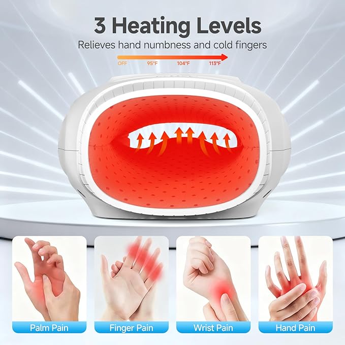 Hand Massager with Heat and Compression, Hand Massage with 2 Vibration 6 Modes 6 Intensities, Electric Hand Massager for Arthritis and Carpal Tunnel Relief, Christmas Gifts for Women Men, White