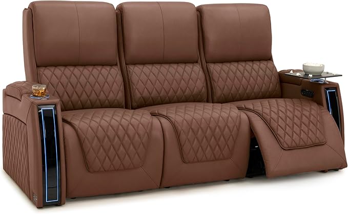 Seatcraft Apex Zero-Gravity CoolZero Italian Leather Home Theater Seating, Powered Headrest, Powered Lumbar, Powered Recline, Row of 3 Sofa, Tobacco