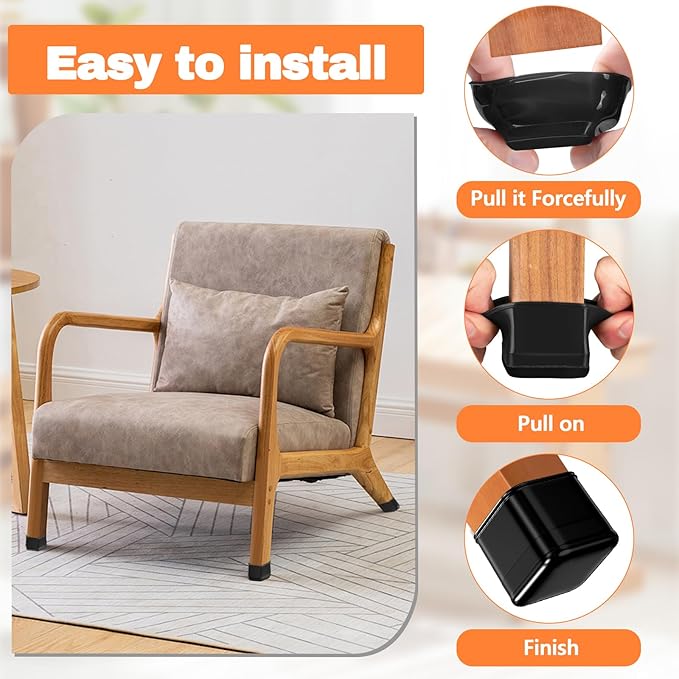 28 Pcs Chair Leg Sliders for Carpet Rug, Square Chair Leg Floor Protectors Glides, Dining Room Furniture Foot Caps, Silicone Covers with Plastic Pads, No Scratches (Fit:1-1/8"~1-7/16", Black)