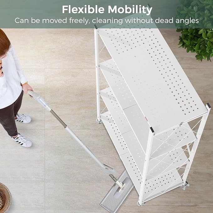 DEANIC 4 Tier Foldable Storage Shelves with Wheels, Large Capacity Shelving Unit, Freestanding Metal Wire Shelf Rack, No Assembly Organizer Rack for Garage Kitchen, Basement, Pantry(White Pack of 2)