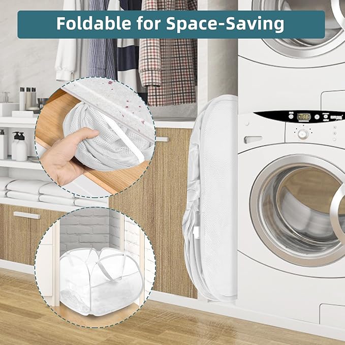 Collapsible Laundry Basket, 90L Large Foldable Mesh Pop Up Hamper for Laundry, Dirty Clothes, Bedroom, Bathroom, Dorm, Laundry Room, Travel, Camping, White