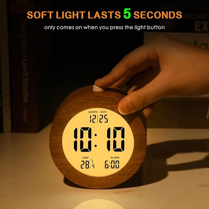 Plumeet Wooden Digital Alarm Clock for Bedrooms, Wood 4'' Battery Powered Alarm Clock with Snooze and Nightlight, Electronic LCD Desk Clock Display Time, Date, Temp, 12/24H, Wood Décor, Round, Sapele
